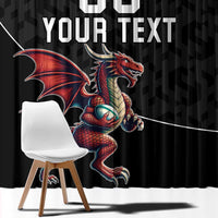 Black curtain with large Wales dragon mascot graphic and big 'YOUR TEXT' text.