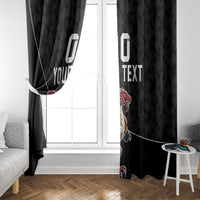 Black window curtain panels with red dragon mascot and 'YOUR TEXT' design over window.