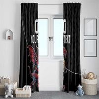 Black window curtain set with Wales dragon mascot and 'YOUR TEXT' print on two panels.
