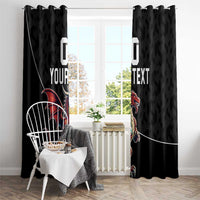 Black window curtain with Wales dragon mascot on one panel and 'YOUR TEXT' on the other.