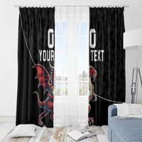 Black window curtain panels with Wales dragon mascot and 'YOUR TEXT' lettering across center.