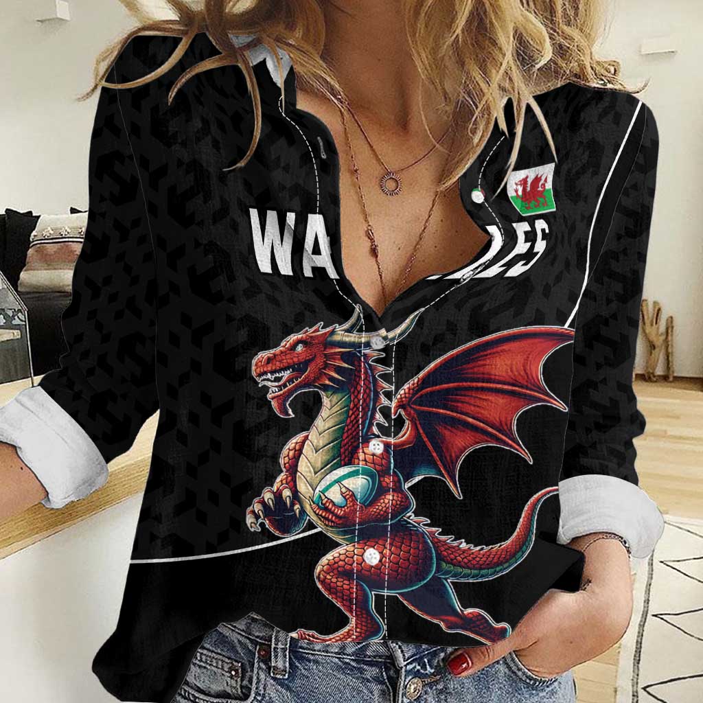 Custom Wales Rugby Women Casual Shirt Welsh Dragon Mascot Black Version