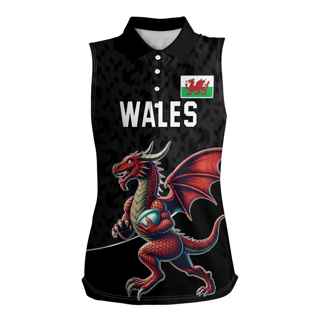 Custom Wales Rugby Women Sleeveless Polo Shirt Welsh Dragon Mascot Black Version