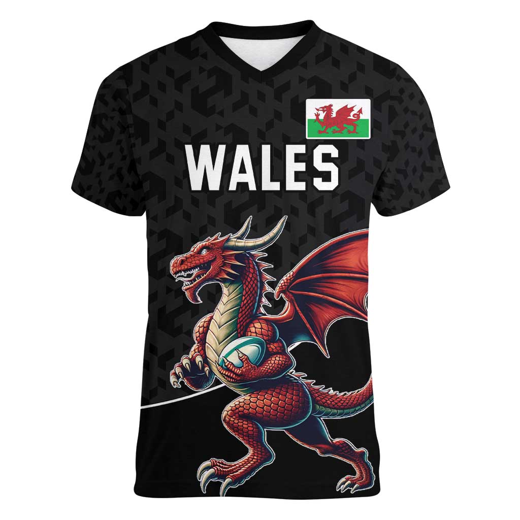 Custom Wales Rugby Women V-Neck T-Shirt Welsh Dragon Mascot Black Version