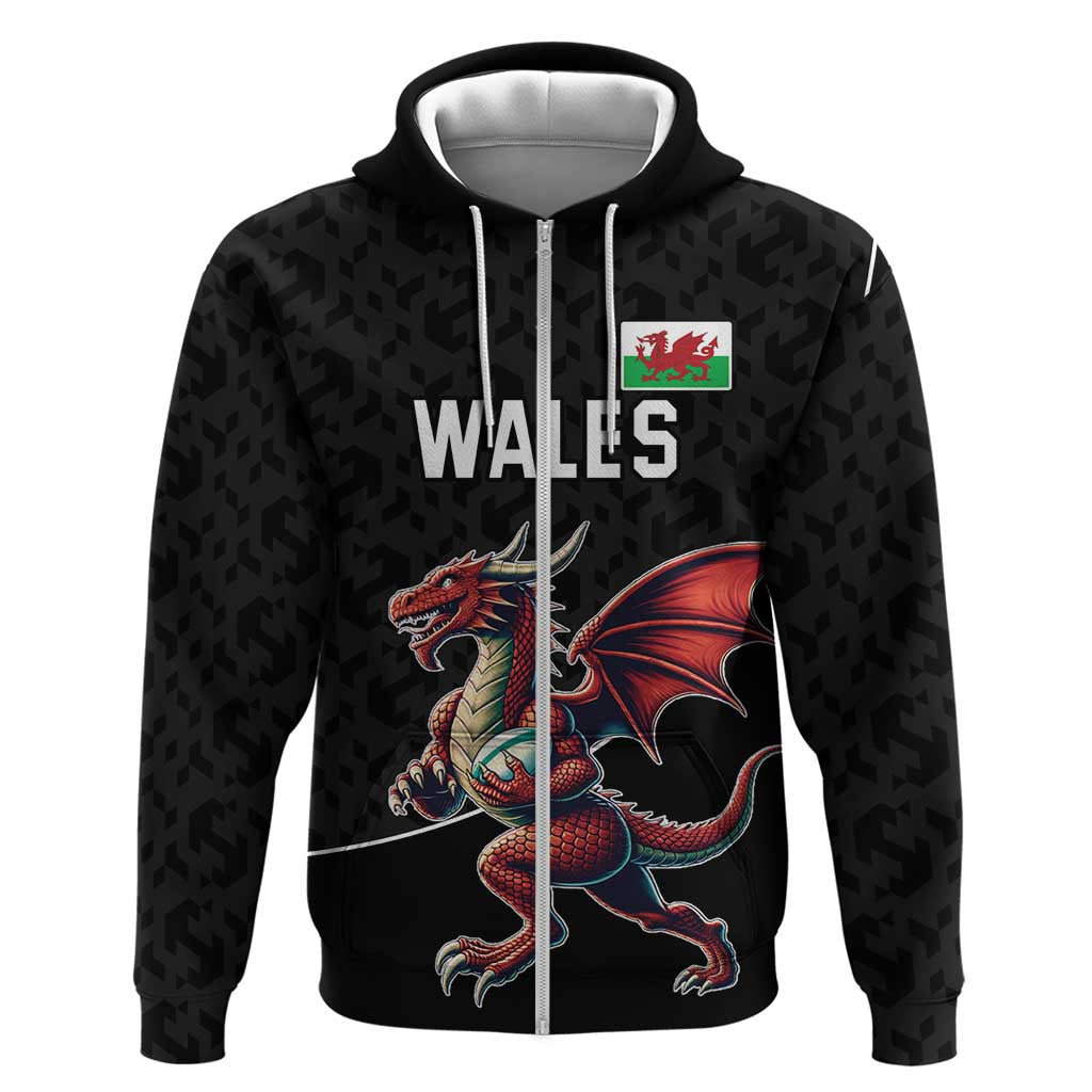 Custom Wales Rugby Zip Hoodie Welsh Dragon Mascot Black Version