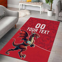Red area rug with dragon mascot, '00' and 'YOUR TEXT' in white text