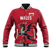 Red Wales baseball varsity jacket with dragon mascot patch, striped ribbed collar