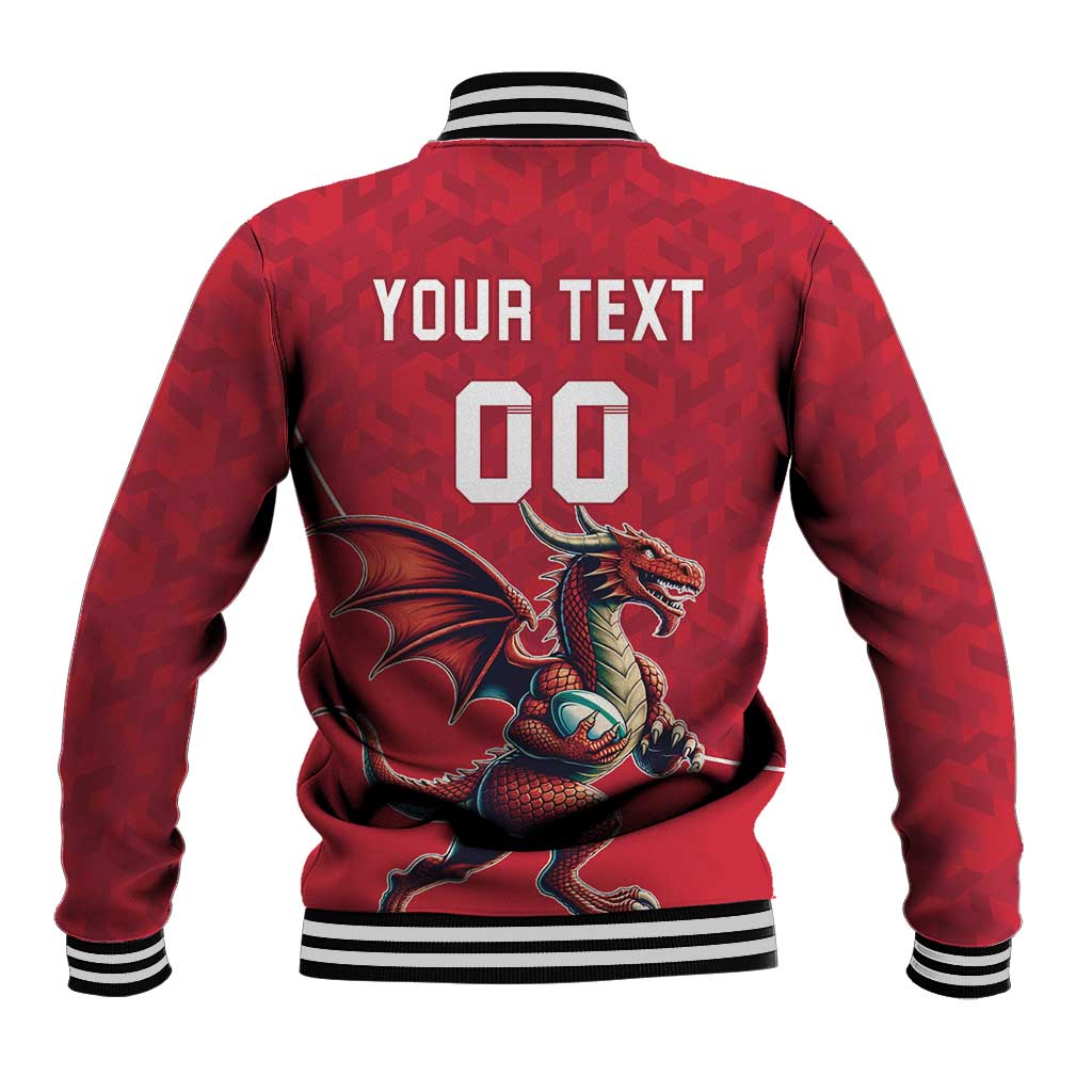 Red baseball jacket back print with dragon, YOUR TEXT and number 08, ribbed hem