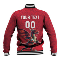 Red baseball jacket back print with dragon, YOUR TEXT and number 08, ribbed hem