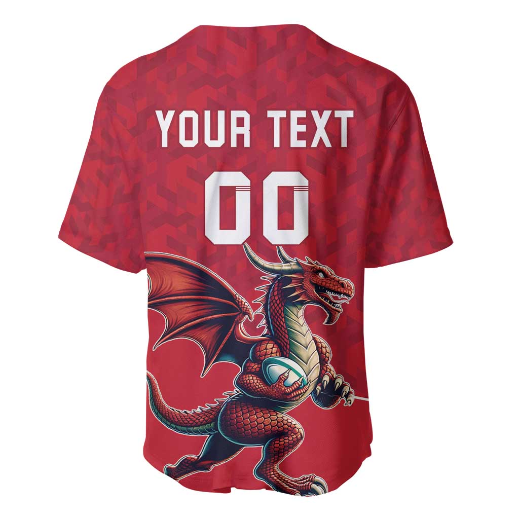 Red baseball rugby jersey with V-neck, back YOUR TEXT 00 and dragon mascot graphic