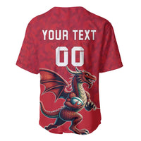 Red baseball rugby jersey with V-neck, back YOUR TEXT 00 and dragon mascot graphic