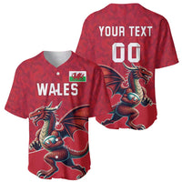 Red baseball rugby jersey showing front Wales and back YOUR TEXT 00 with dragon mascot