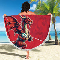 Red round beach blanket with white fringe, '00 YOUR TEXT' over dragon mascot illustration