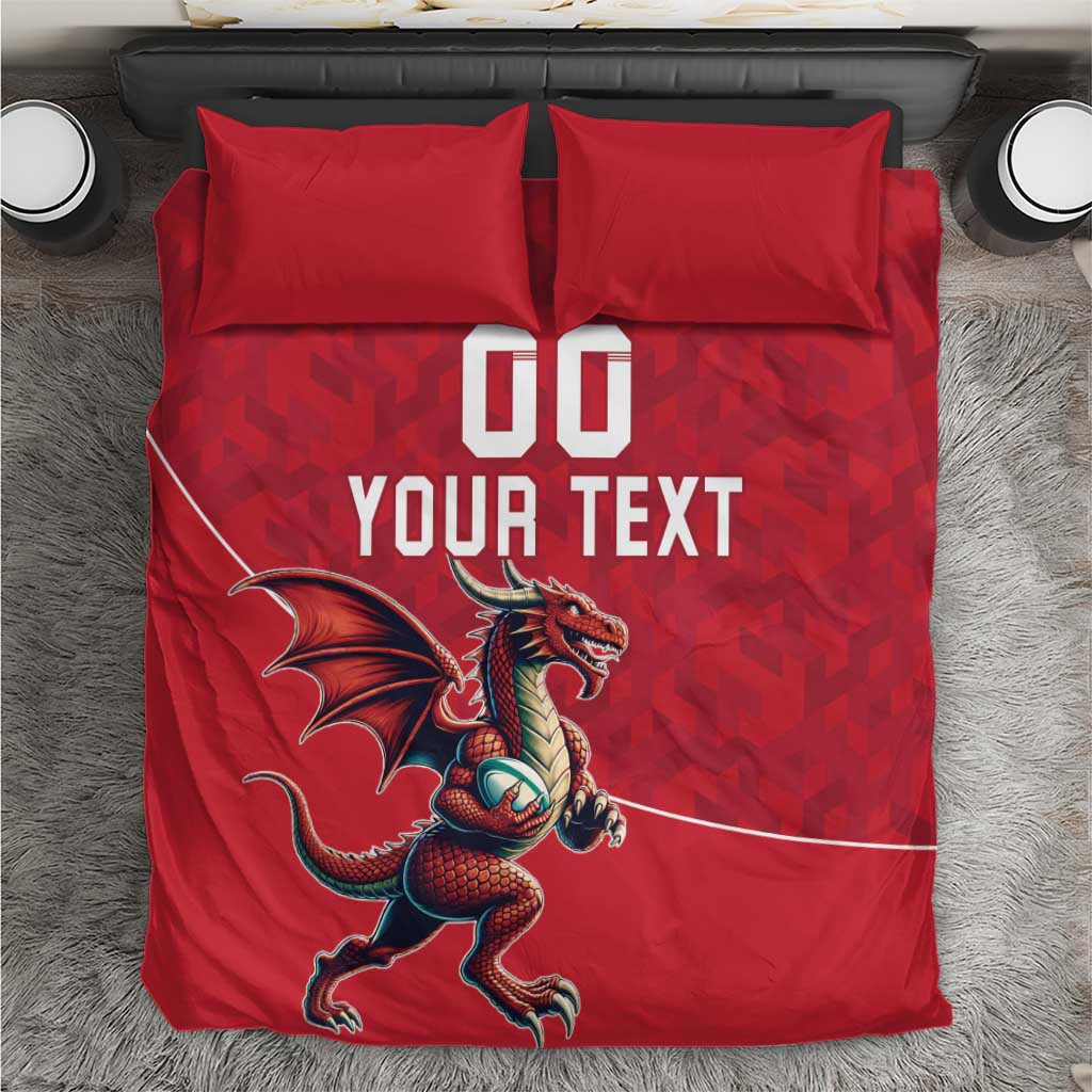Red rugby bedding set with dragon mascot and large "DO YOUR TEXT" print, two pillows
