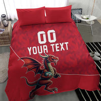 Red rugby bedding set close view: dragon mascot, "DO YOUR TEXT" text, two pillows