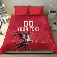 Red bedding set with dragon mascot on duvet and white "DO YOUR TEXT" headline, two pillows