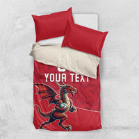 Red duvet with dragon mascot and "YOUR TEXT" plus two red pillows in matching print