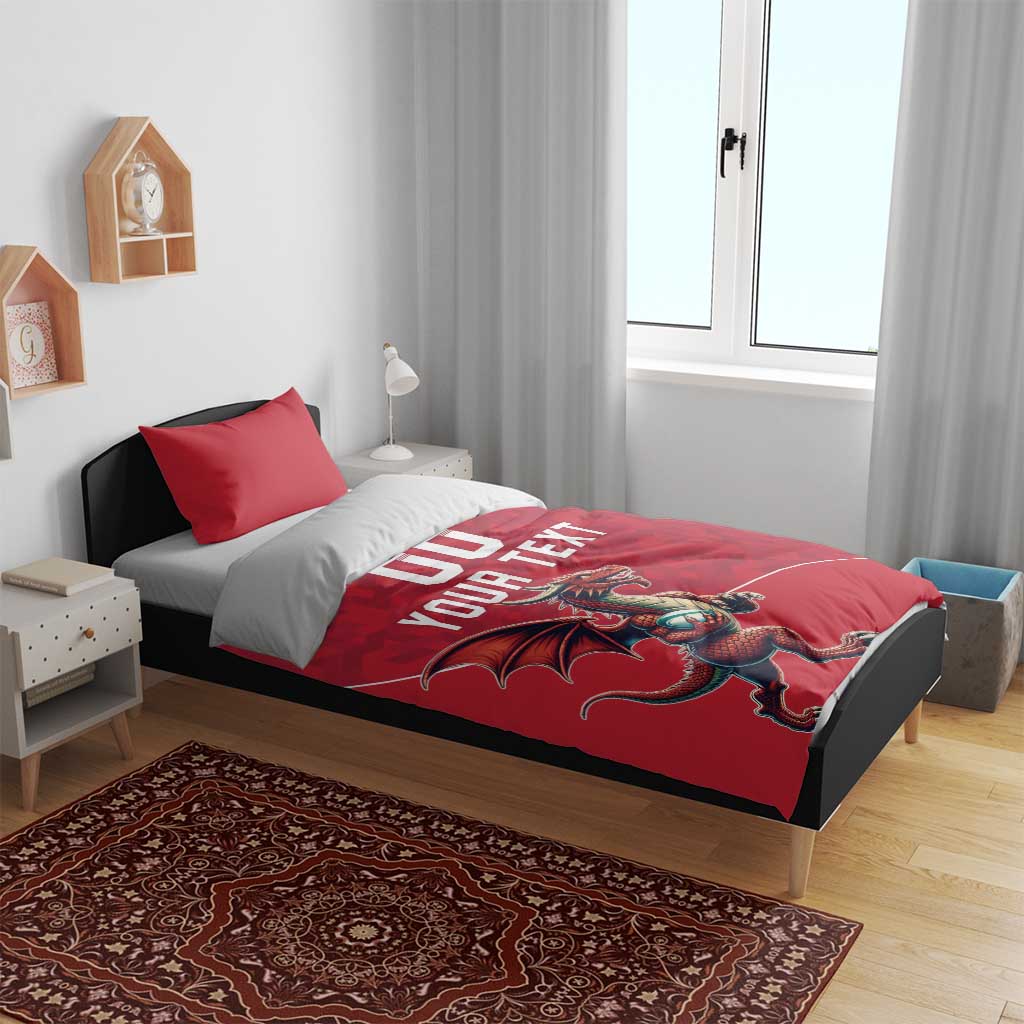 Red rugby bedding set on bed: duvet with dragon graphic and "YOUR TEXT" text, two pillows