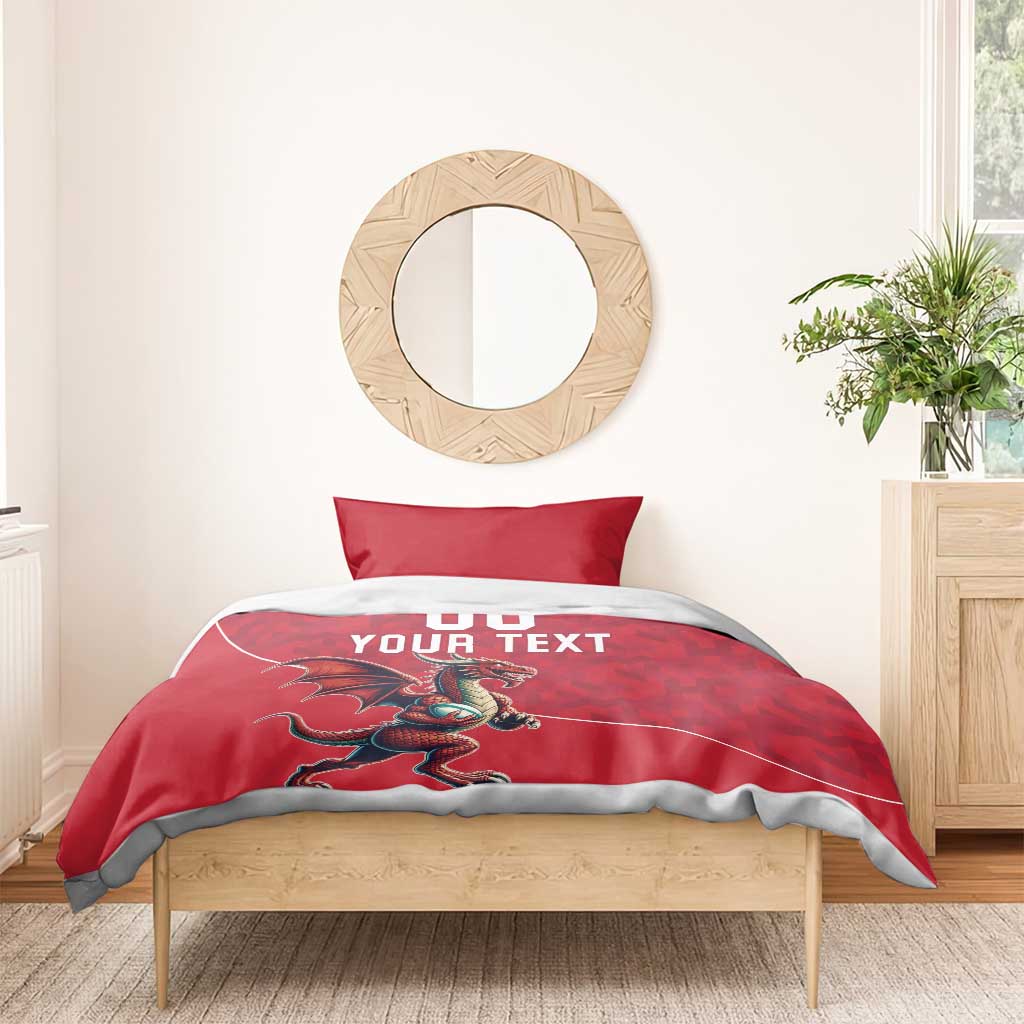 Red duvet with dragon mascot and white "DO YOUR TEXT" print, two pillows