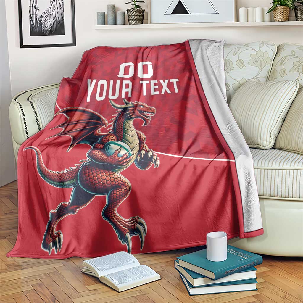Red rugby-style blanket with dragon mascot graphic and bold custom text design
