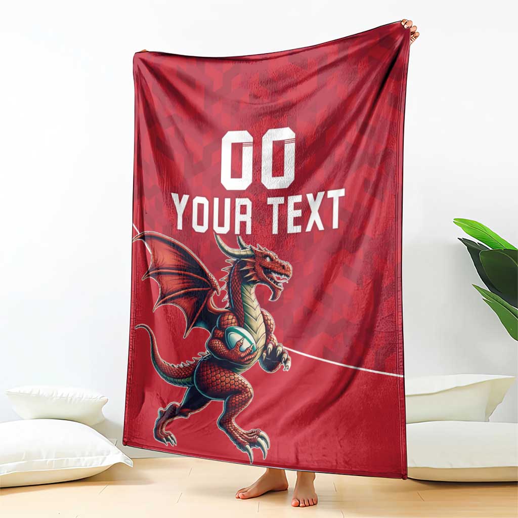 Red blanket with dragon mascot and centered "YOUR TEXT" text, hanging on floor