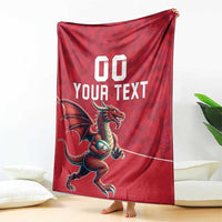 Red blanket with dragon mascot and centered "YOUR TEXT" text, hanging on floor