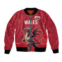 Red bomber jacket with Wales logo and dragon graphic, front zip, black ribbed cuffs