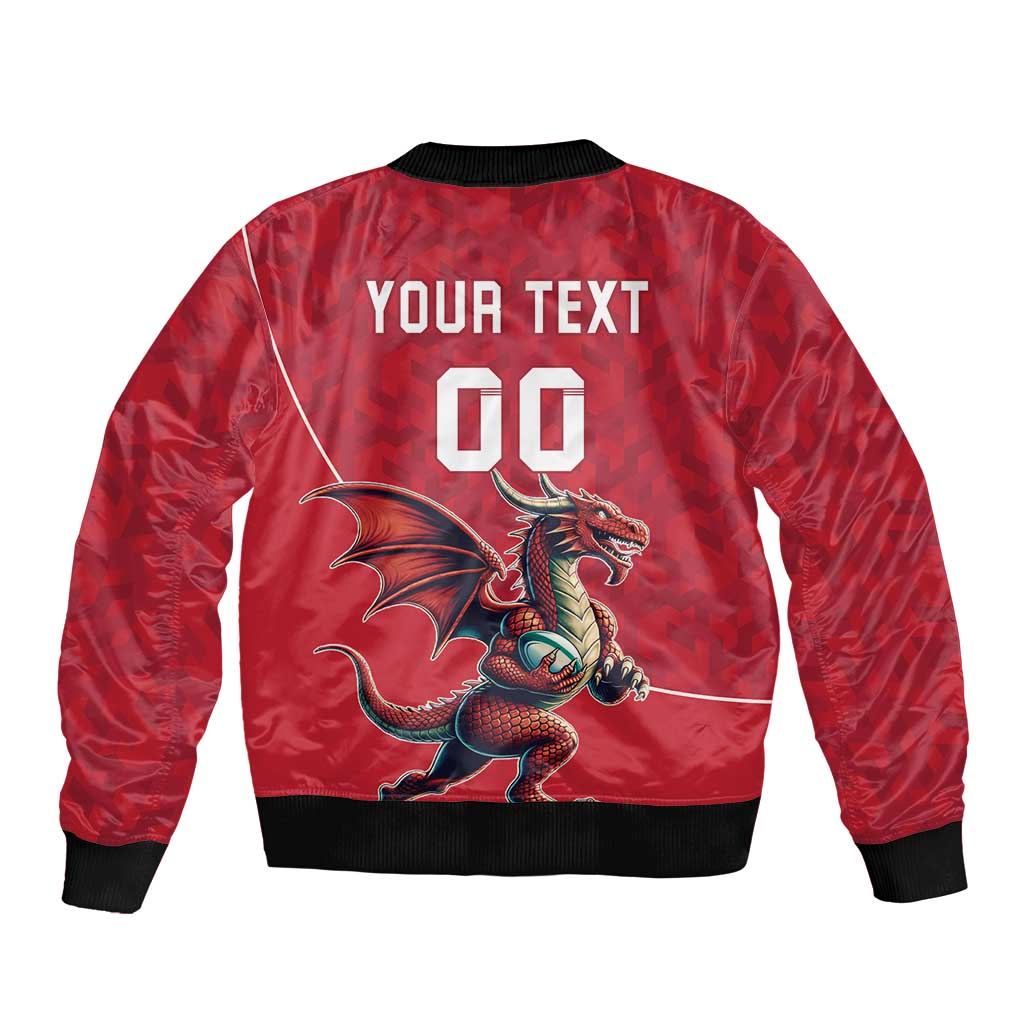 Red bomber jacket back with dragon graphic, 'YOUR TEXT' and number 00, black ribbed hem