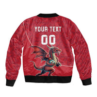 Red bomber jacket back with dragon graphic, 'YOUR TEXT' and number 00, black ribbed hem