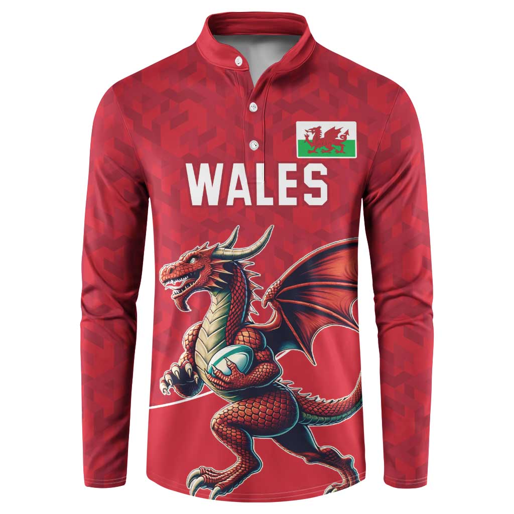 Red rugby button sweatshirt with Wales text and dragon mascot front graphic