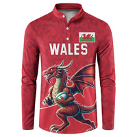 Red rugby button sweatshirt with Wales text and dragon mascot front graphic