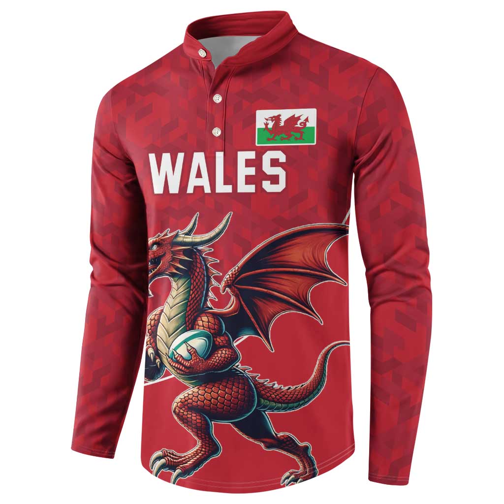 Red rugby button sweatshirt with Wales chest print and long sleeves, dragon mascot