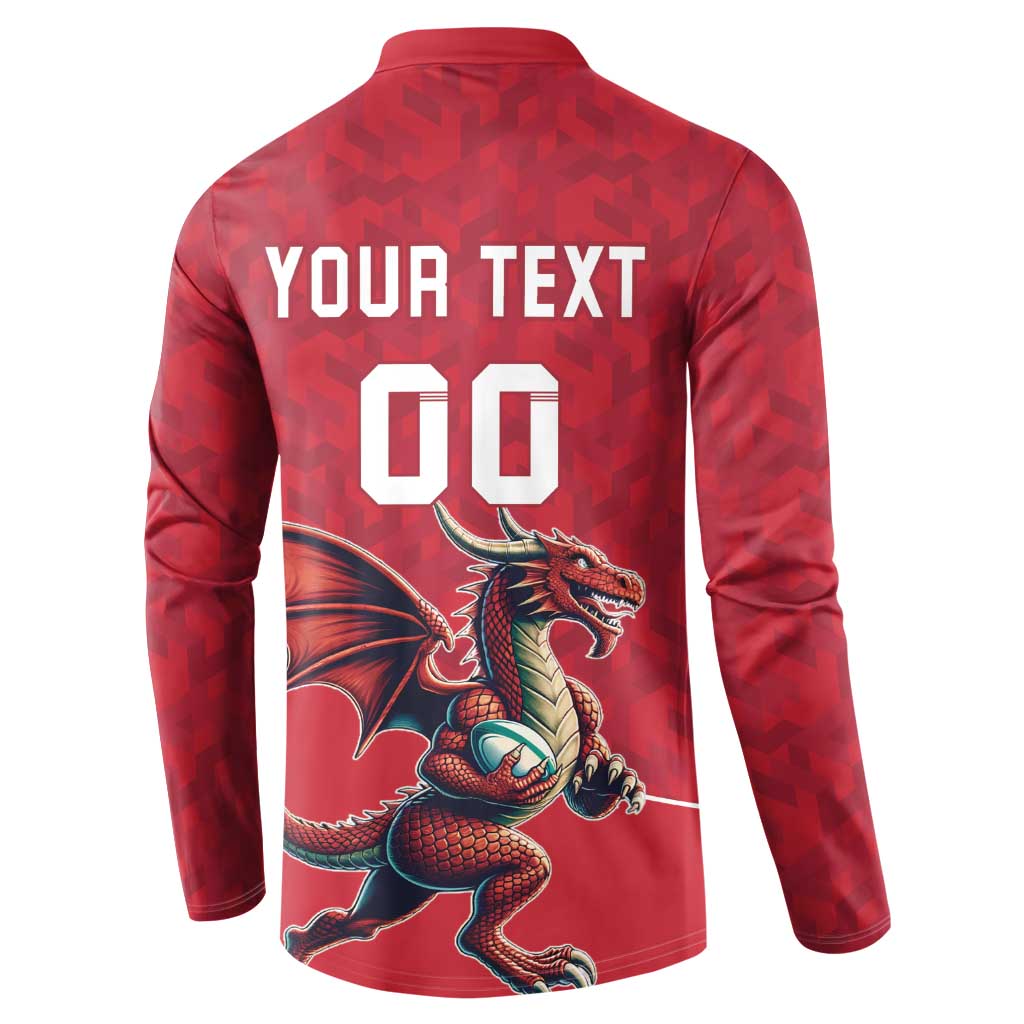 Red rugby button sweatshirt back with 'YOUR TEXT' and '00' plus dragon graphic