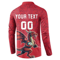 Red rugby button sweatshirt back with 'YOUR TEXT' and '00' plus dragon graphic