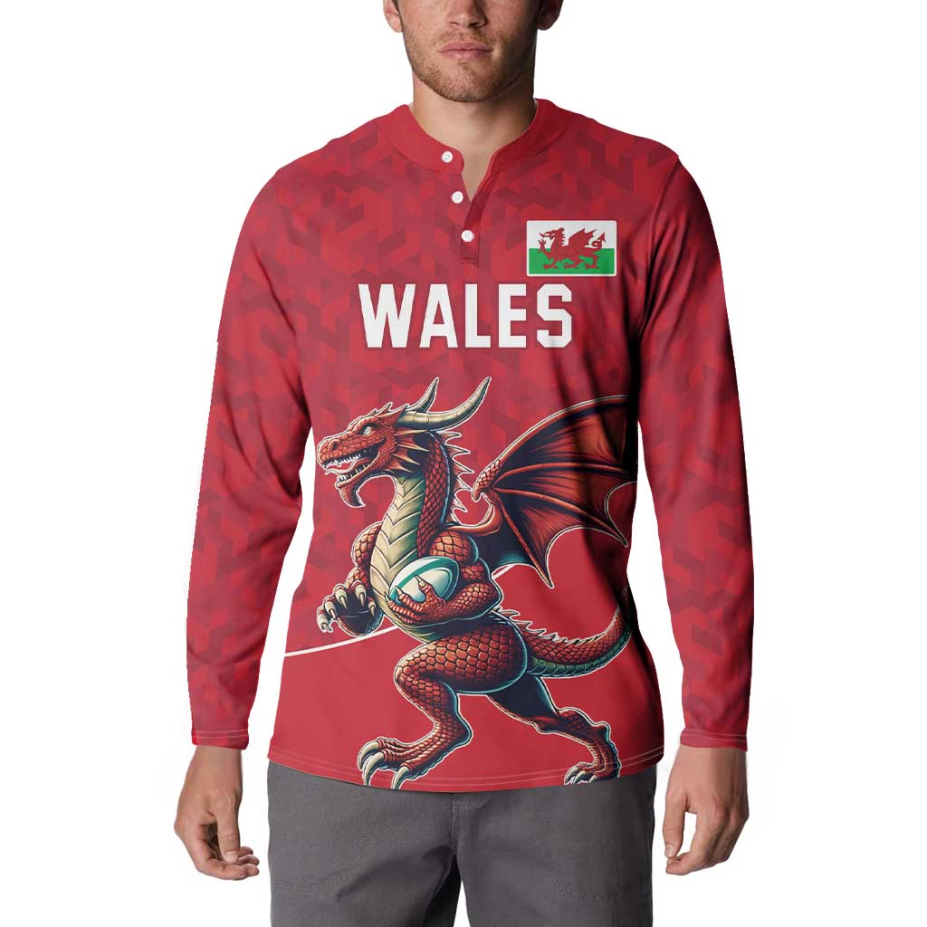 Red rugby button sweatshirt worn by model, Wales logo and dragon mascot on chest