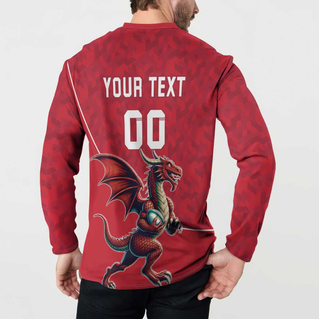 Red rugby button sweatshirt back with 'YOUR TEXT' and '00' plus dragon mascot graphic