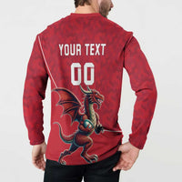 Red rugby button sweatshirt back with 'YOUR TEXT' and '00' plus dragon mascot graphic