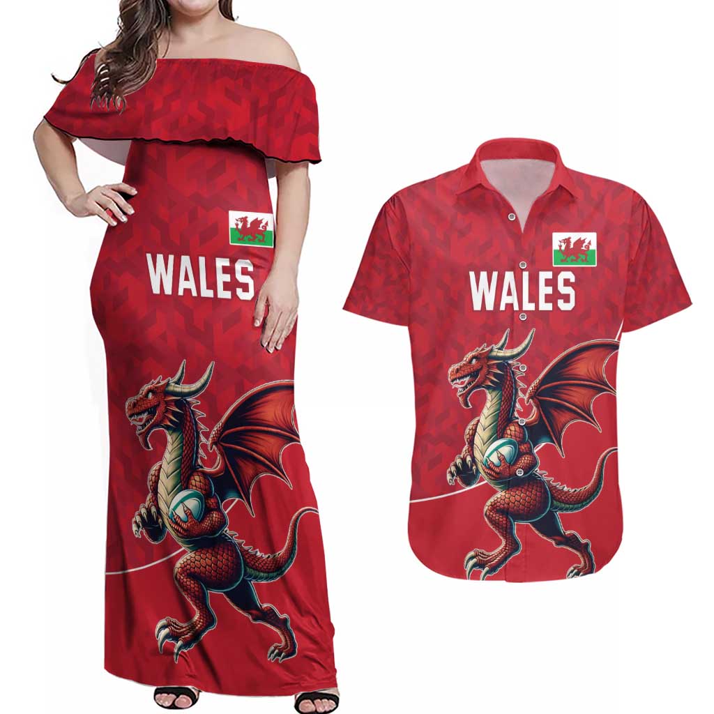 Custom Wales Rugby Couples Matching Off Shoulder Maxi Dress and Hawaiian Shirt Welsh Dragon Mascot Red Version