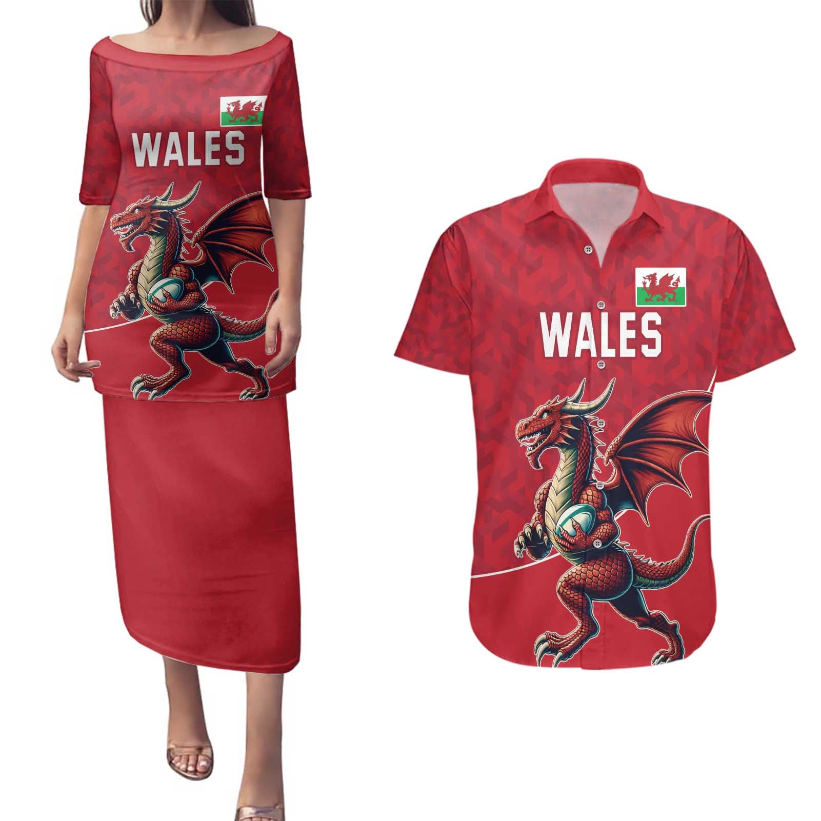 Custom Wales Rugby Couples Matching Puletasi and Hawaiian Shirt Welsh Dragon Mascot Red Version