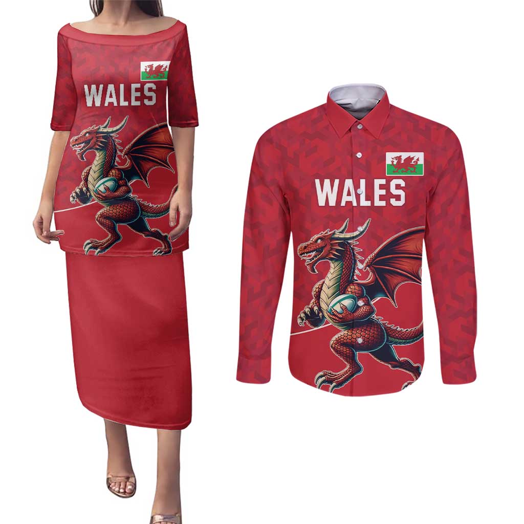 Custom Wales Rugby Couples Matching Puletasi and Long Sleeve Button Shirt Welsh Dragon Mascot Red Version