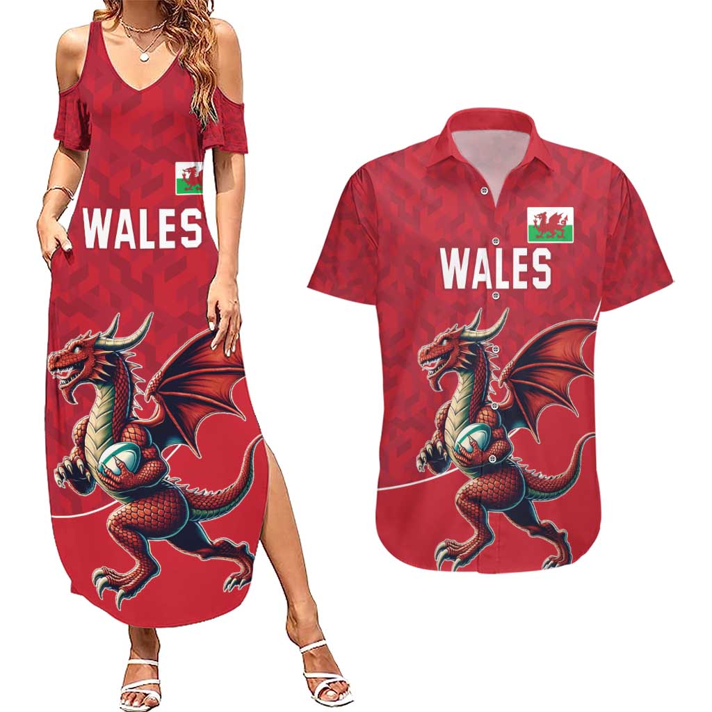 Custom Wales Rugby Couples Matching Summer Maxi Dress and Hawaiian Shirt Welsh Dragon Mascot Red Version