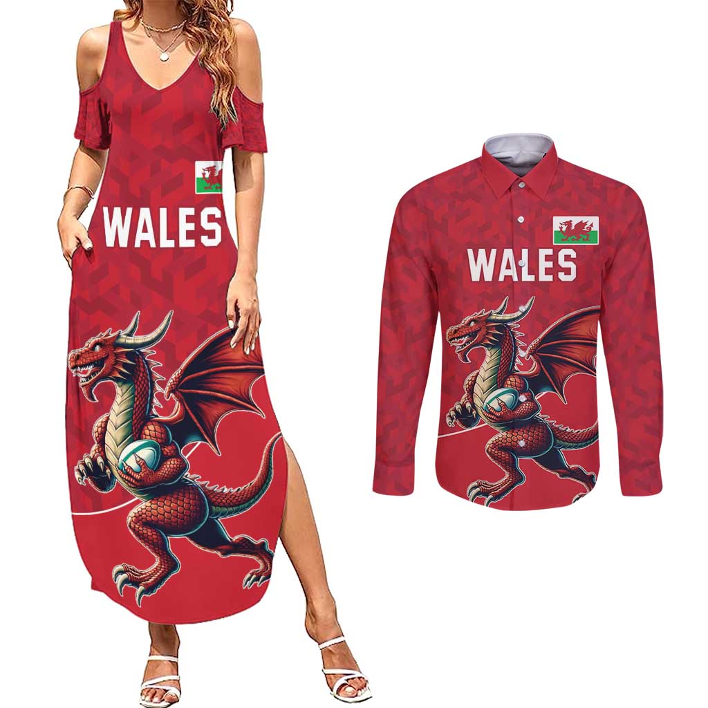 Custom Wales Rugby Couples Matching Summer Maxi Dress and Long Sleeve Button Shirt Welsh Dragon Mascot Red Version