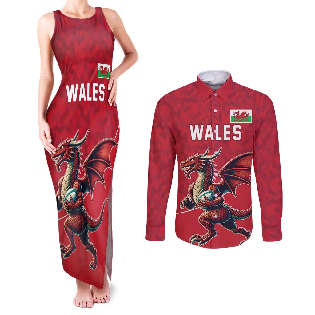 Custom Wales Rugby Couples Matching Tank Maxi Dress and Long Sleeve Button Shirt Welsh Dragon Mascot Red Version