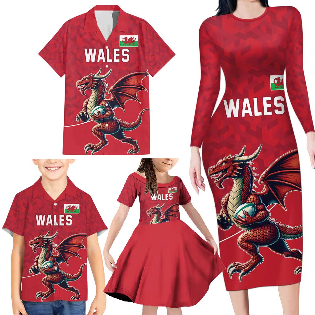 Custom Wales Rugby Family Matching Long Sleeve Bodycon Dress and Hawaiian Shirt Welsh Dragon Mascot Red Version - Wonder Print Shop