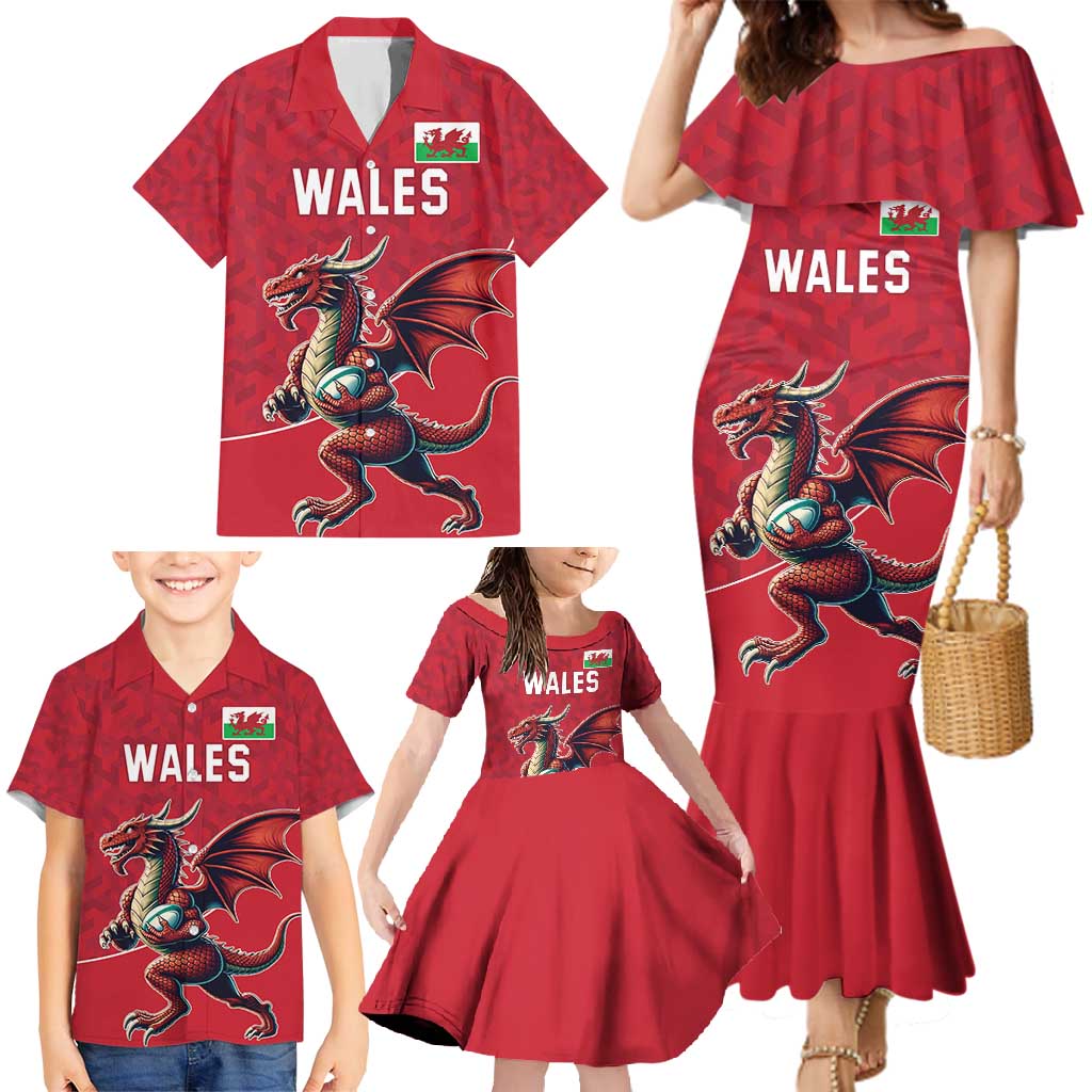 Custom Wales Rugby Family Matching Mermaid Dress and Hawaiian Shirt Welsh Dragon Mascot Red Version - Wonder Print Shop