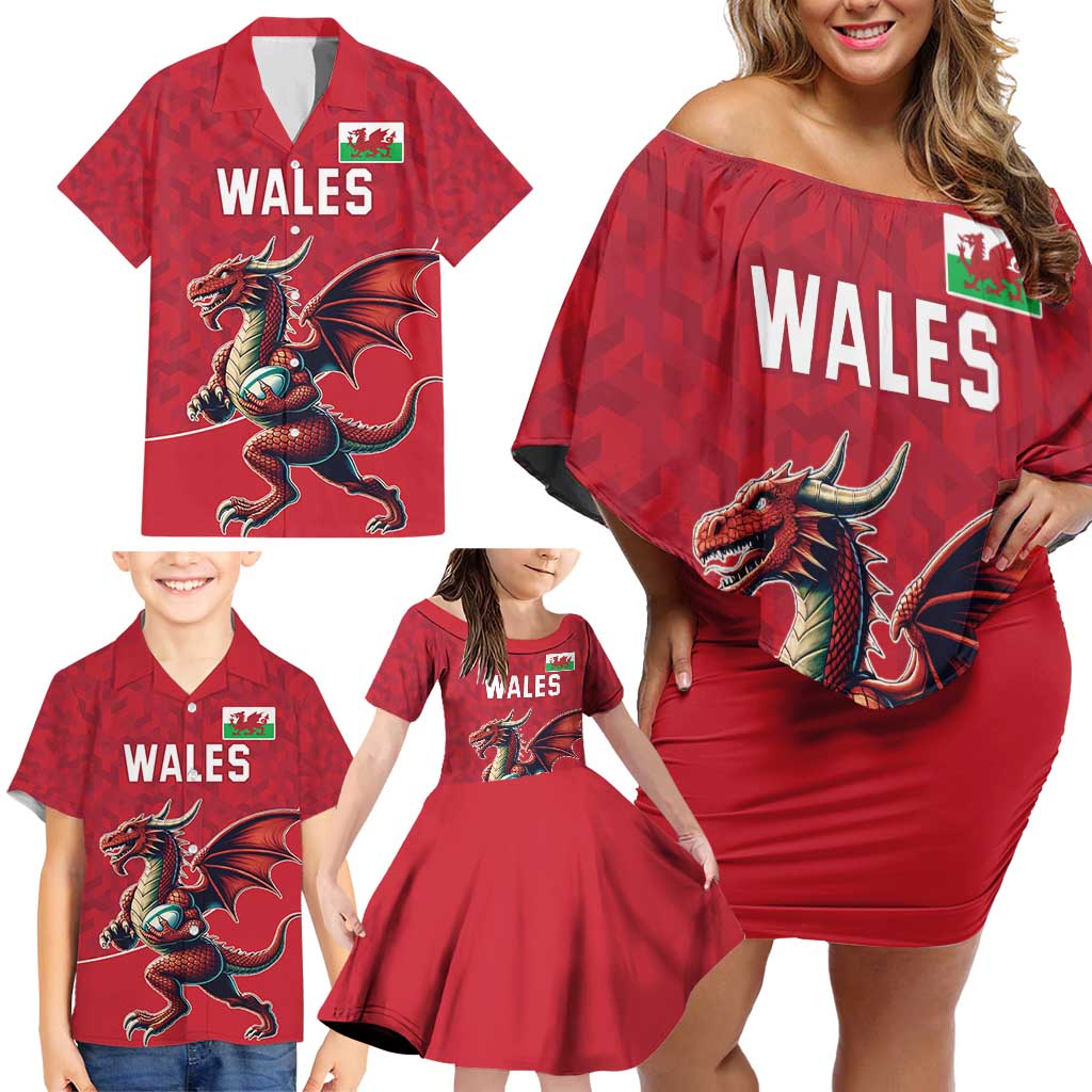 Custom Wales Rugby Family Matching Off Shoulder Short Dress and Hawaiian Shirt Welsh Dragon Mascot Red Version - Wonder Print Shop