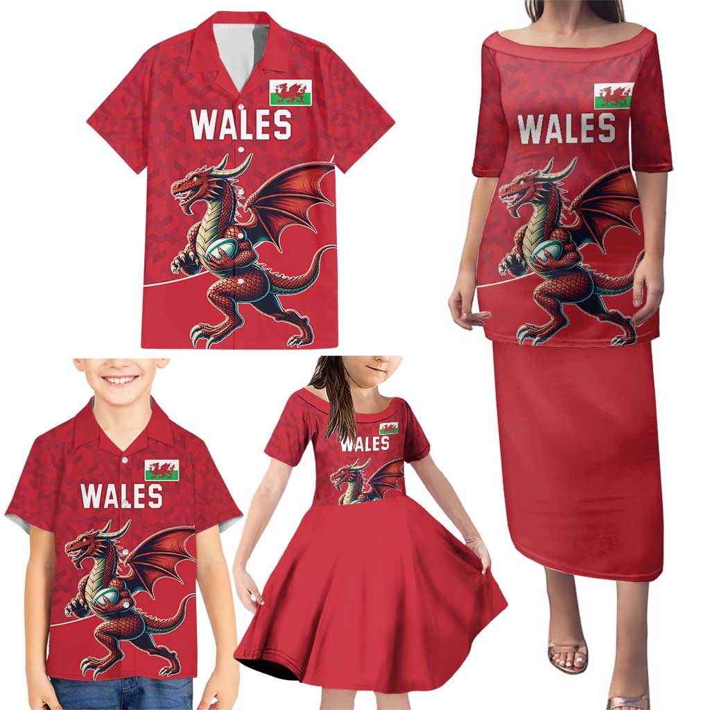 Custom Wales Rugby Family Matching Puletasi and Hawaiian Shirt Welsh Dragon Mascot Red Version