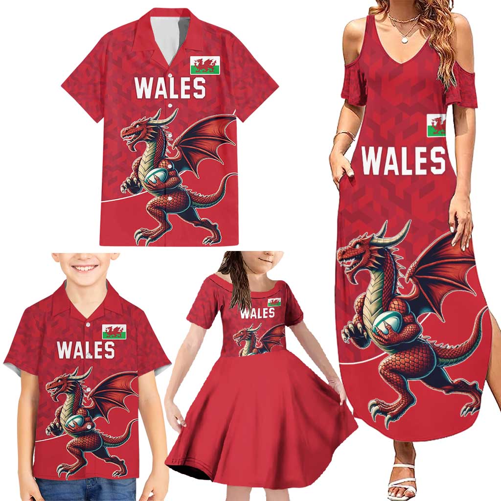 Custom Wales Rugby Family Matching Summer Maxi Dress and Hawaiian Shirt Welsh Dragon Mascot Red Version - Wonder Print Shop