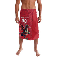 Red rugby-style shorts with dragon graphic and custom text on the front