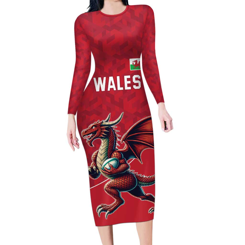 Custom Wales Rugby Long Sleeve Bodycon Dress Welsh Dragon Mascot Red Version - Wonder Print Shop